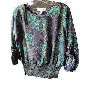 Michael Kors Women's XS Pleat Front Peacock Feather Green Top Roll Sleeves